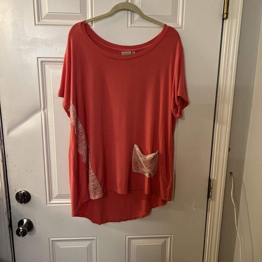 Logo Lori Goldstein T Shirt Womens Sz 1x Pink Short Sleeve Lace Coral Casual